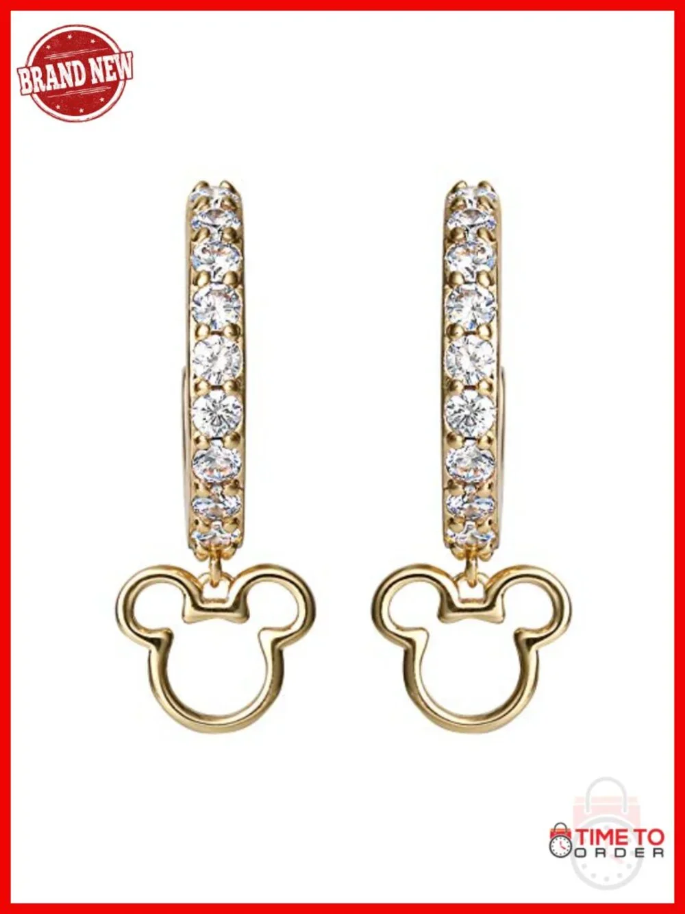 Gold Flash-Plated Cubic Zirconia Hoop Earrings with Mickey Dangle Charm